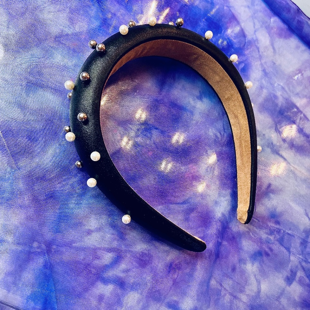 Pearl/Metallic Bead Detailed Faux Leather Fashion Headband Womens Hair Accessory